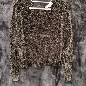Pink Rose Black Chenille V-Neck Sweater